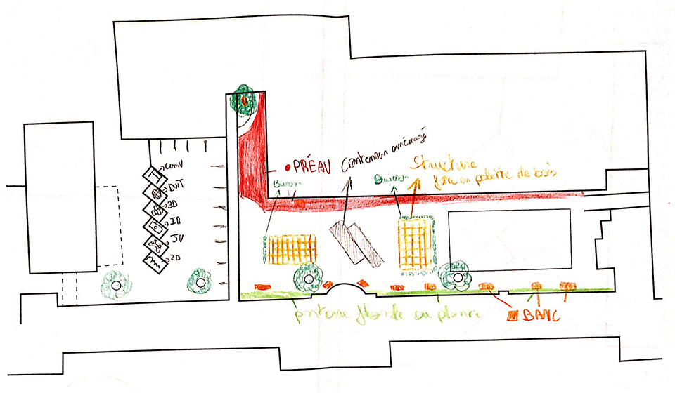 Scan d'un croquis des plans de la cour de l'HEAJ à Namur