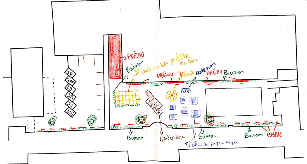 Scan d'un croquis des plans de la cour de l'HEAJ à Namur